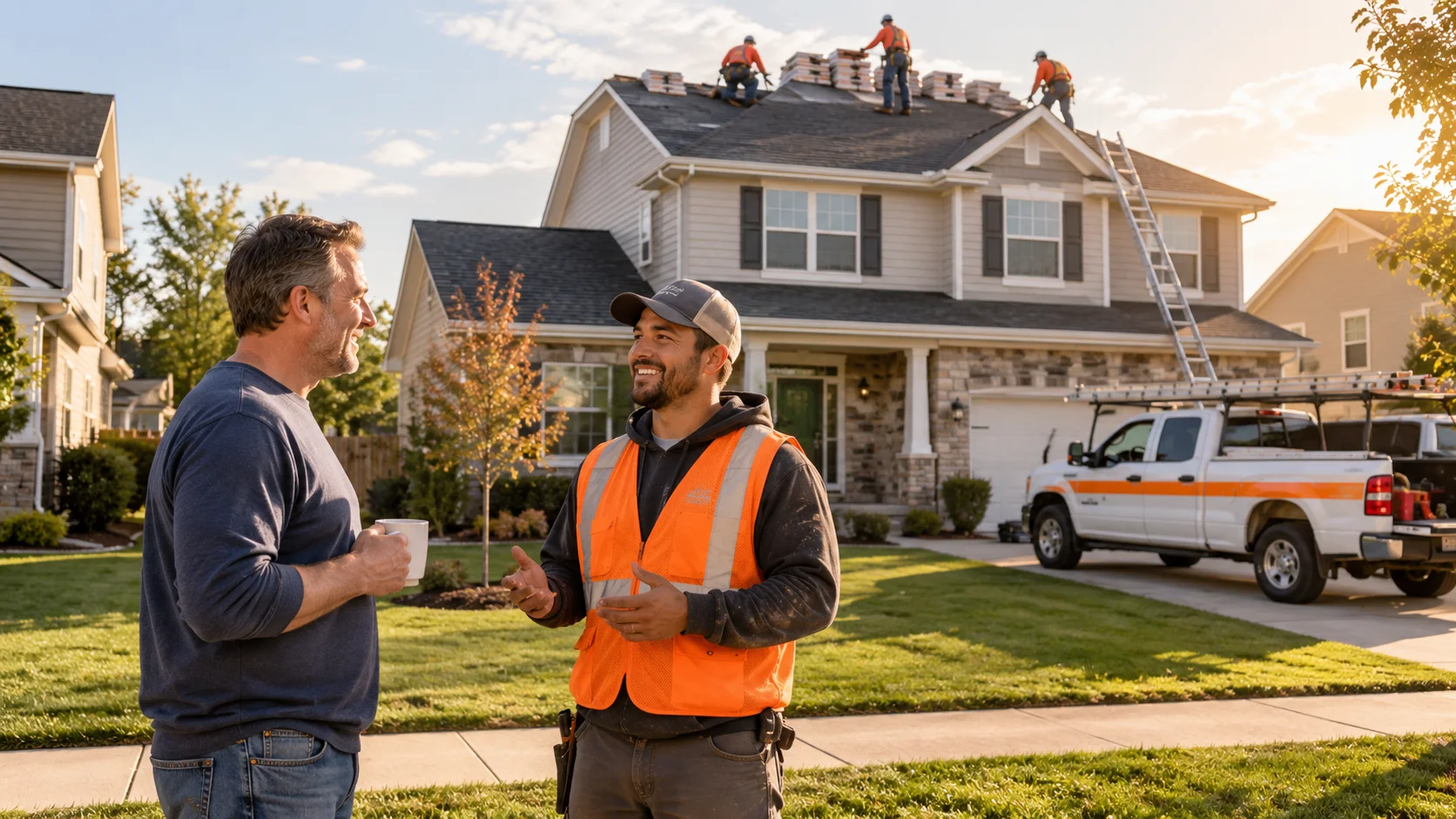 Roofer finishing a job on a house in a neighborhood