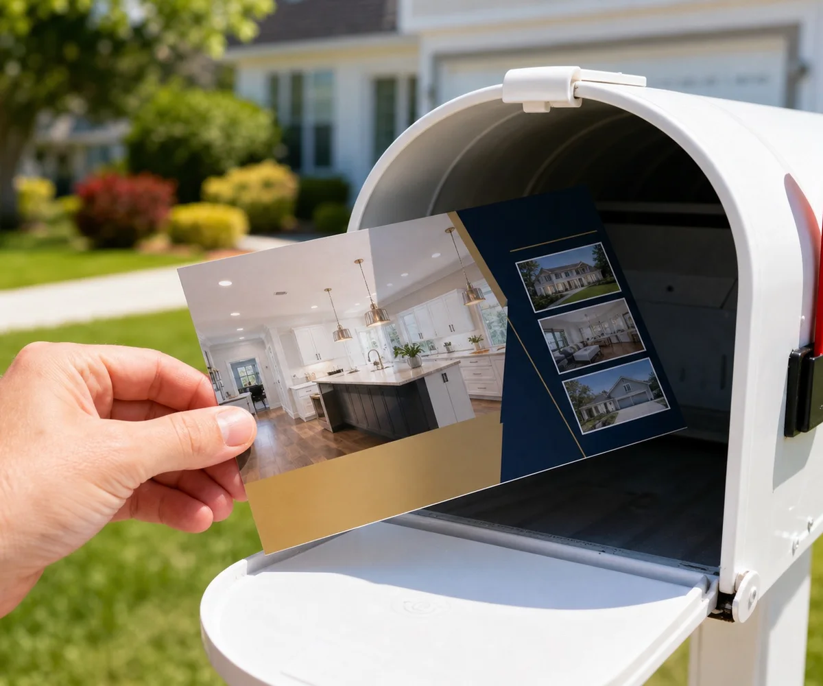 Homeowner pulling an addressed postcard from a mailbox